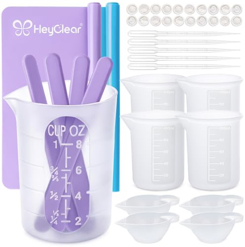 HeyClear Silicone Measuring Cups Kit with Mats for Resin -250 & 100 ml Resin Mixing Cups, Silicone Stir Sticks, Dropper Pipettes, Finger Cots for Epoxy Resina Crafting, Molds, Jewelry Making