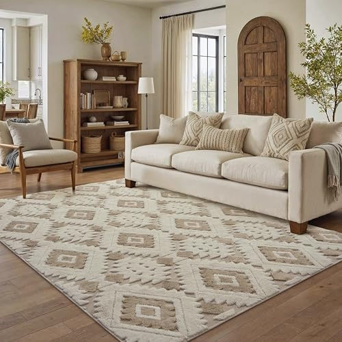 PureCozy Beige Braun Teppich Wohnzimmer 150x210cm Boho Schlafzimmer Waschbarer Groß Teppiche 3D Effekt Gegend Esszimmer Kinderzimmer Bettvorleger Flauschig Kurzflor Carpet