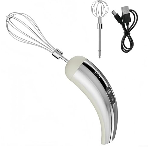 Elektrischer Schneebesen mit zwei abnehmbaren Schneebesenköpfen, über USB wiederaufladbar, Handmixer mit leisem Betrieb und 5 Geschwindigkeitsstufen für die Küche (Silber)