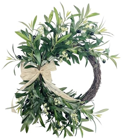 Packool 19.7 in / 50 cm Artificial Olive Wreath with Bow, Home Decor Front Door, Farmhouse Decoration, Wedding, Party, Wall Hanging Wreath for Spring & Summer