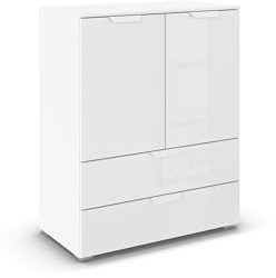 Rauch Möbel ADITIO, Kommode, Farbe Glas Weiß, Breite 80 cm | Highboard im modernen Look, 2-türig,2 Schubladen, Glasfront, Soft-Close, für Schlafzimmer, Gästezimmer, Wohnzimmer, Flur
