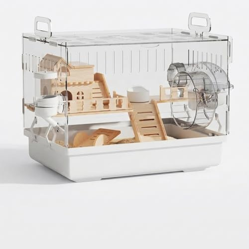 JISADER Large Hamster Cage with Wire Mesh Top, Luxury House Shape for Syrian and Dwarf Pets, Easy Spotless Transparent Acrylic Design with Deep Bedding Area, Duplex Villa