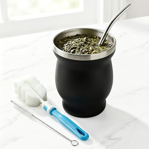 Mate Becher,Edelstahl Yerba Mate Tee Becher Set,Modernes Mate Becher 240 ml | BPA-freiem, mit Strohhalmen und Reinigungsbürste