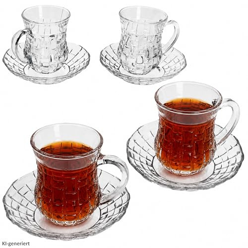 MamboCat Chai 4er Set Teetasse mit Henkel & Untertasse für 4 Personen I 125 ml I Glas klar I Relief-Dekor I für türkischen Tee, Apfeltee & Heißgetränke I Mokkatasse mit Untersetzer