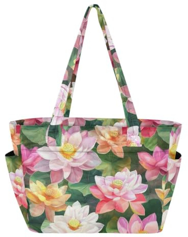 SyXIOP Tote Bag Zipper Beach Bag India Water Lily Beauty Summer Flowers_04778_3