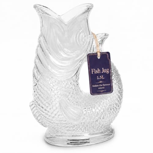 Glug Jug 1.5L Fish-Shaped Borosilicate Glass Glugging Jug, Clear | Cocktail, Wine and Gin Pitcher, Pours 6 Glasses, Gift-Boxed, Fish Vase, Glass Jug Designed in Britain by Giggling Grandma