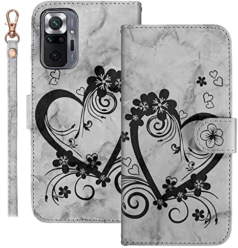 Ailisi Handyhülle für Xiaomi Redmi Note 10 Pro (6,67 Zoll), Blume Liebe Herz Muster Marmor PU Leder Klapphüllen Schutzhülle Brieftasche Handytasche Etui Magnetisch Flip Cover Case - Schwarz