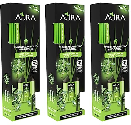 AURA | Pack 3 Ambientador Mikado con Varillas | Aroma Dama de Noche | Larga Duración 4 Semanas | 0% Alcohol | 3x30ml