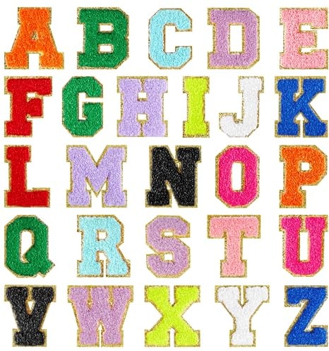 Morcheiong 26Pcs Self Adhesive Chenille Letter Patches A to Z, Chenille Letters for DIY Clothing, Fabric, Shoes, Bags (Multicolor)