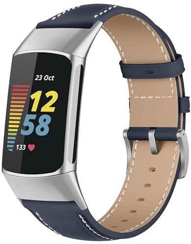 KoGiio Vintage Leder Armband Kompatibel mit Fitbit Charge 6/5, Metallschnalle Atmungsaktiv Ersatzarmband, Herren Damen Ersatz Weich Uhrenarmbänder für Fitbit Charge 5/6 Blau