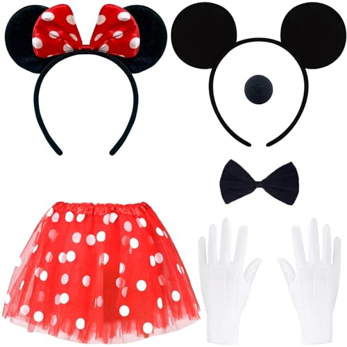BITOWO Mouse Kostüm Damen Erwachsene mit Mini Mouse Ohren Haarreif Rock Rot Nase Handschuhe Schwanz Schleife Mini Mouse Kostüm Damen Frauen Mini Maus Kostüm Damen Erwachsene Fasching
