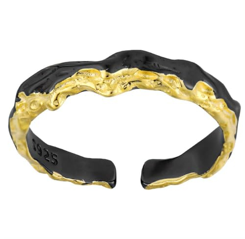 NicoWerk Damen Silberring schwarz aus 925 Sterling Silber Vergoldet Schmal Glänzend Gehämmert mit Struktur Ausgefallen Verstellbar Offen SRI985