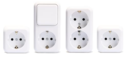 MC POWER Aufputz Steckdosen Schalter Set 4-teilig | Finery Garage | 2x Einzelsteckdose, 1 x Doppelsteckdose, 1x Wechselschalter Steckdosen Kombination (vertikal) für innen, weiß