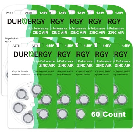 DURNERGY Size 675 Hearing Aid Batteries 60 Count, 1.45 Volt Zinc Air Batteries, ZA675 A675 PR44 Batteries Mercury Free