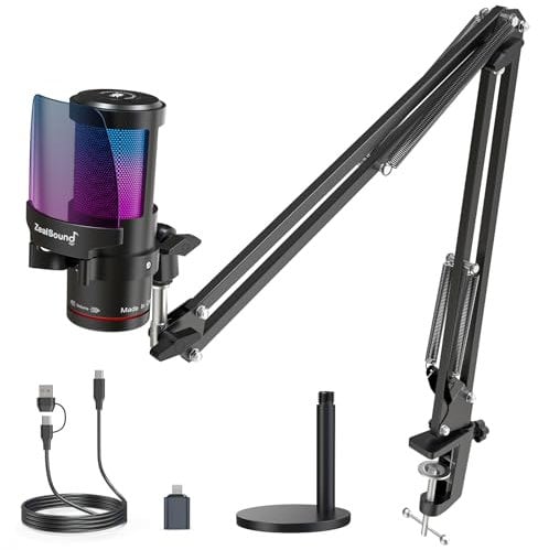 ZealSound microfono USB gaming, microfono condensatore, kit microfono, microfono luce RGB, streaming, guadagno, monitoraggio per streaming, podcast, YouTube, *Phone, iPad, PC, computer, PS, Mac
