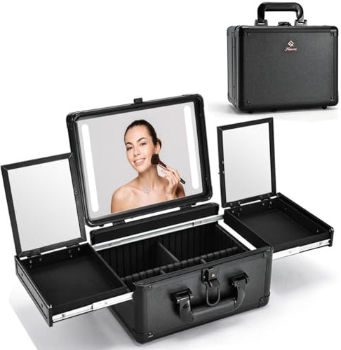 Faquenc Travel Makeup Bag with LED Mirror, Cosmetic Train Case with Light up Mirror, Artist Portable Makeup Organizer Bag with Adjustable Dividers, Fold-Out Trays for Jewelry Storage, Black