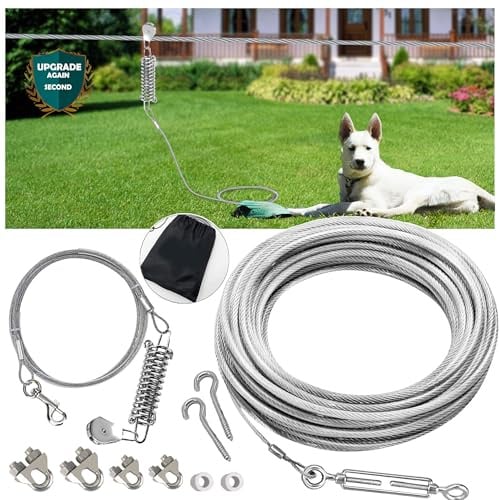 100ft Dog Tie Out Aerial Run Trolley System - Heavy Duty Dog Aerial Run Cable with 10ft Pulley Runner Line Holds 75Lbs of Dogs for Yard Camping Outdoor