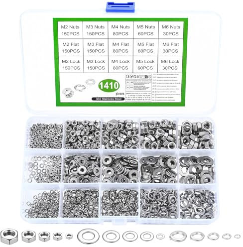 1410 Pcs Hex Nuts Assortment Set & Flat Washers & Spring Lock Washers Set, M2 M3 M4 M5 M6 Stainless Steel Nuts Lock Nuts Hexagon Nuts, Spring Split Lock Washers, Metric Flat Washers (silvery)