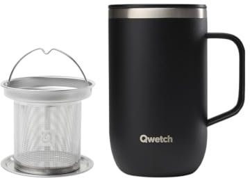 QWETCH - Mug Isotherme Inox Recyclé avec Anse & Filtre Infuseur Noir - Tisanière Isotherme 470ml - Thermos Café & Thé - 6h Chaud & 12h Froid - Bouchon Coulissant Anti-Éclaboussures