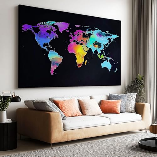 Leinwand-Wandkunst 140x70 cm Zoll ungerahmt- Bunte Weltkarte Leinwandbild Kunstdruck Groß XXL für Wohnzimmer Schlafzimmer Wandbilder Canvas Desing Dekoration