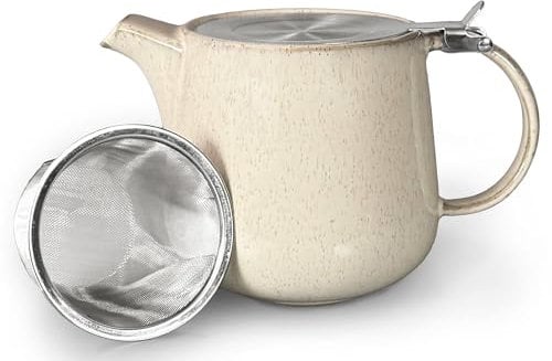 Scandi Home 1L Bergen Reactive Glaze Infuser Teapot – Heat-Retaining Ceramic, Stainless Steel Lid, Drip-Free Spout – Perfect for Loose-Leaf & Bagged Tea (Blue & Cream Options) (Cream)