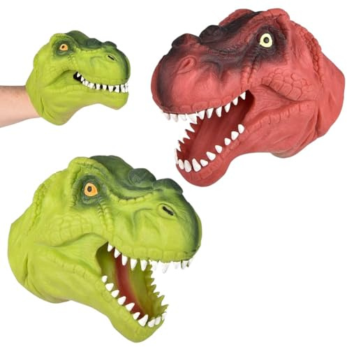 2 Pack Stretchy Dinosaur Hand Puppets - Realistic T-Rex Toys, Green and Red Soft Rubber, Great for Kids Ages 3+, Storytelling, Dino Puppet Party Favors, Classroom, Bath Time, Indoor & Outdoor