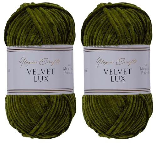 Utopia Crafts Velvet Lux Chenille Samtgarn, extra weiche dicke Wolle zum Stricken und Häkeln, 2x 100 g (Dunkeloliv)