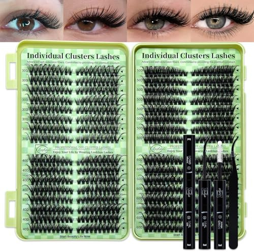 LASHSUN Lash Clusters Kit Wispy DIY Lash Kit 640pcs Cat Eye Lashes Volume Cluster Eyelash DIY Lashes at home Including Bond and Seal,Lash Tweezers (Cat Eye 30D+40D+50D+60D Lash Kit)