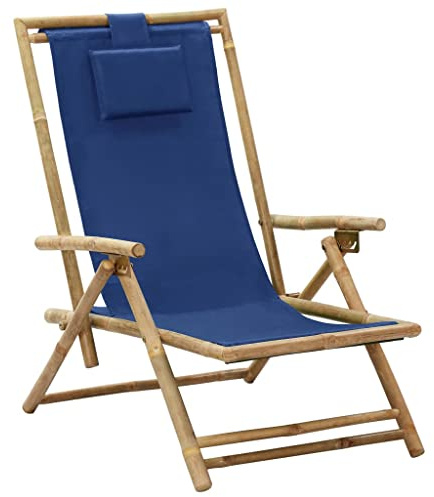Bucmath Relaxstuhl Verstellbar Marineblau, Bambus und Stoff, klappbar, 4 Positionen, Gartenstuhl mit Kissen, bequemer Outdoor Stuhl für Balkon und Terrasse