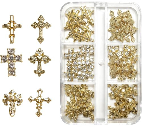 Cosblisvia 60 Stück Nail Charms, 3D Nail Art Kreuz Legierung, Charms Nägel mit Strasssteinen für Frauen, Mädchen, Künstler für Salon, Nagelstudio, DIY, Party (Gold)