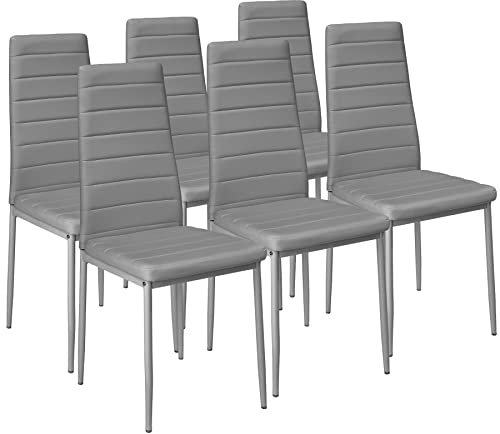 tectake® eleganter Stuhl mit hoher Rückenlehne, 6er Set, Pflegeleichte Esszimmerstühle, Küchenstühle 6er Set, Stühle 45 x 48 x 98,5 cm, Polsterstuhl modern und bequem - grau