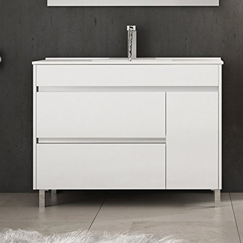 Ducha.es Hémera Ensemble de salle de bain avec meuble et plan vasque en céramique 100cm Blanc brillant