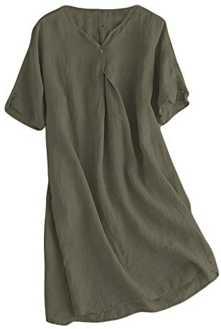FTCayanz Damen Sommerkleid Leinenkleider V-Ausschnitt Kurzarm Midi Kleid Lange Tunika Bluse Khaki-grün XL