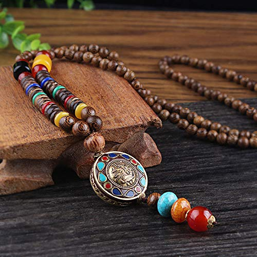 THTHT Jahrgang Vintage Handgefertigte Perlen Halskette Pullover Kette Ethnischer Natur Holzschnitzerei Runde Buddha Statue Böhmisches Einfache Unisex Bekleidung Zubehör