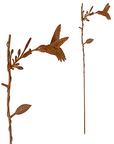Gartenstecker Rost Vogel aus Metall verrostet Stecker Gartendekoration Beet Stab Bodenstecker Edelrost Spieß (Kolibri)
