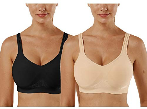 Vertvie Damen 1/2/3er Set Sport BH Einfarbig Ohne Bügel Bustier Klassische Bequem Stretch Bra Mittle Halt Gepolstert Wohlfühl-BH(Schwarz+Beige,L)