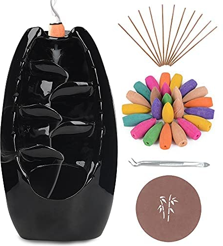 Anbar Backflow Incense Burner with 120 Cones, 30 Sticks, Tongs, and Table Mat, Natural Aromatherapy with Ceramic Smoke Waterfall, Supports Meditation and Relaxation, Home Decor (Black)