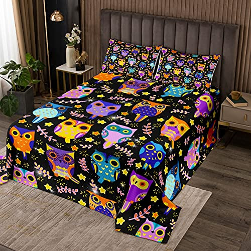 feelingyou Kawaii Eule Tagesdecke 220x240cm Cartoon Eulen Bettdecke Set 3pcs für Mädchen Zimmer Dekor, Bunte Blumen Eule Steppdecke Nette Vögel Tierthema Bettwäsche Quilt mit 2 Kissenbezügen