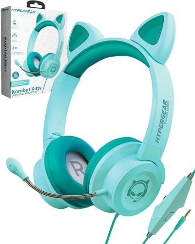 HyperGear Kombat Kitty Casque de jeu filaire pour enfants avec cordon et oreilles de chat mignonnes (bleu sarcelle) avec micro pour enfants, pour l'école, la maison, le streaming, l'enregistrement