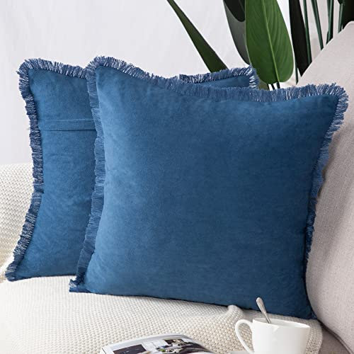 Madizz 2er Set Kissenbezügen aus Wildleder mit Fransenquasten Weiche dekorative Kissenbezüge für Sofa Schlafzimmer Kissenhülle Blau 50x50 cm Quadrat