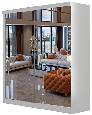 Berlin Free Standing Sliding Doubel Mirror Door Wardrobe (200cm, White)