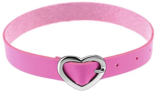 Flongo Tattoo Choker Leder Halsband Lederhalsband Damen Halskette mit Herz Anhänger Kette Pink Silber Gothic Punk Rock