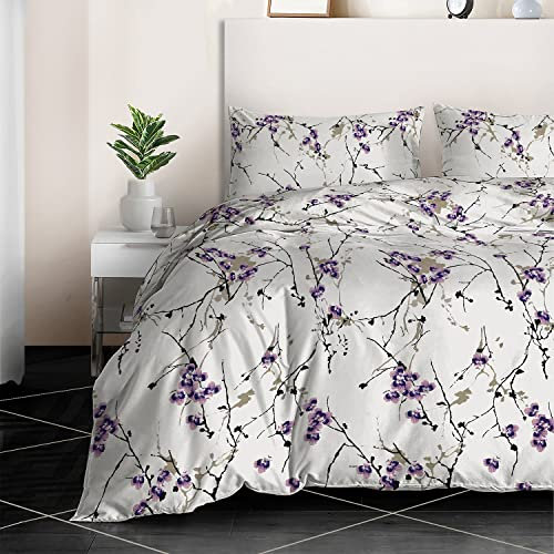 RAYBedding 3PCS Double Duvet Set 100% Egyptian Cotton 400 Thread Count Floral Printed Exotic Lilac Duvet Cover and Pillow Cases 2 Pack