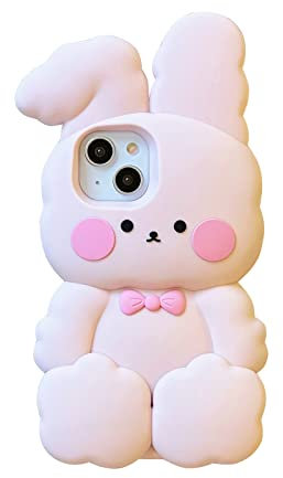 YAKVOOK Bunny iPhone 14 Pro Case, Kawaii 3D Silicone Cartoon Cotton Rabbit Cute Soft Rubber Shockproof Protective Case for Women Girls