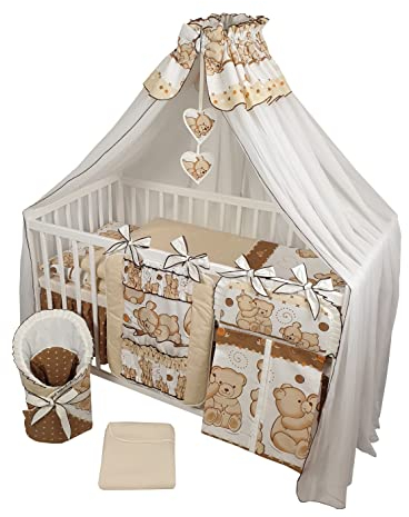Bello24 - 16 Teiliges Babybett Kinderbett und Bettwäsche komplett Set Happy höhenverstellbar für Neugeborene Babys und Kleinkinder aus Massivholz in fantastischen Farben (Beige Knuddelbären)