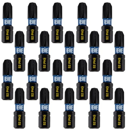 20 x Rennie Tools 25mm Long PH3 Impact Screwdriver Driver Bits Set. Phillips No.3 Heavy Duty Impact Driver Bit Set. PH3 Bits. Hex Shank. Cross Head