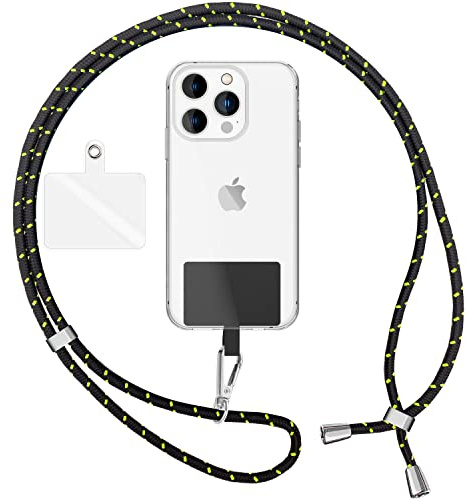 NALIA Bunte Universal-Kette mit Pad, Band für Handy-Hülle zum Umhängen | Schwarz Grün