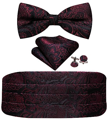 Barry.Wang Kummerbund Fliege Set für Herren Seide Kummerbund Vorgebundene Fliege Einstecktuch Manschettenknöpfe, schwarz / rot, Einheitsgröße
