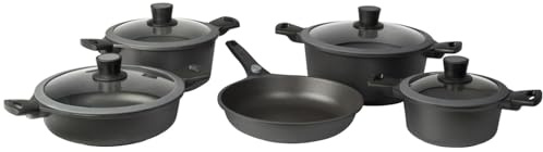 SKK 9-teiliges Aluguss Topf Set - induktionsgeeignet - Antihaft Kochtöpfe inkl. Bratpfanne Ø 28 cm und 4 Glasdeckel - Made in Germany