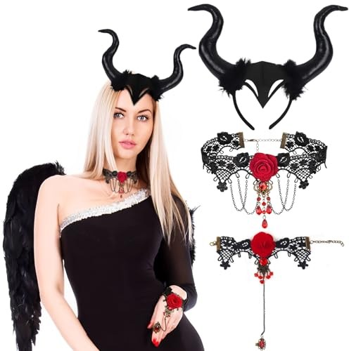 Shinybox Königin Hörner Kopfschmuck, 3 Pcs Horn Kopfbedeckung mit Spitze Halskette und Armbänder, Teufelhörner Haareifen Damen, Halloween Kopfschmuck für Halloween Karneval Fasching Maskerade(Rot)